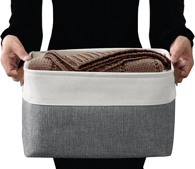 DECOMOMO Storage Bins, Large Fabric Storage Baskets for Shelves, Decorative Linen Closet Organizer, 15 x 11 x 9.5 inches (Slate Grey & White, 4 Pack)