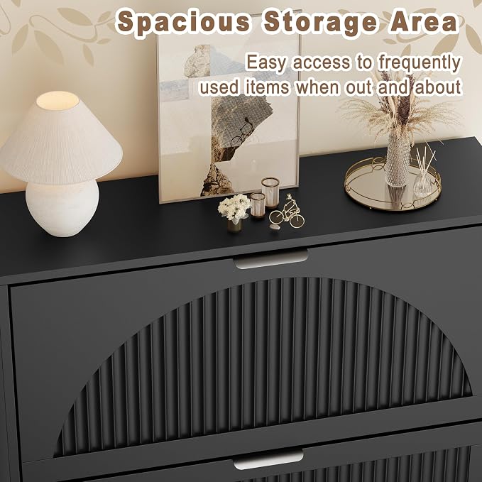 Shoe Storage Cabinet with 3 Flip Drawers, Narrow Wood Shoe Organizer Cabinet with Fluted Panel, Slim Shoe Rack for Entryway, Freestanding Shoe Cabinet for Living Room, Hallway, Black