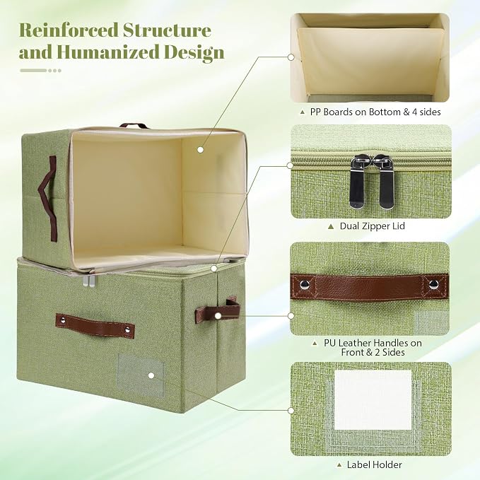 ANMINY Fabric Storage Box Bins with Zipper Lid, Washable Green | Cotton Linen Fabric, PP Board Frame, Label Holder, Stackable & Foldable, PU Handles, Dual-Zipper 3-Side Open Lid, Large