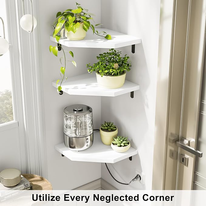 Alsonerbay Pine Wood Corner Shelves with Cable Cutout 3-Pack, White | Diamond-shaped, cable management, 40 lbs/shelf, 0.79" thick pine, L-shaped metal brackets, for router & media devices