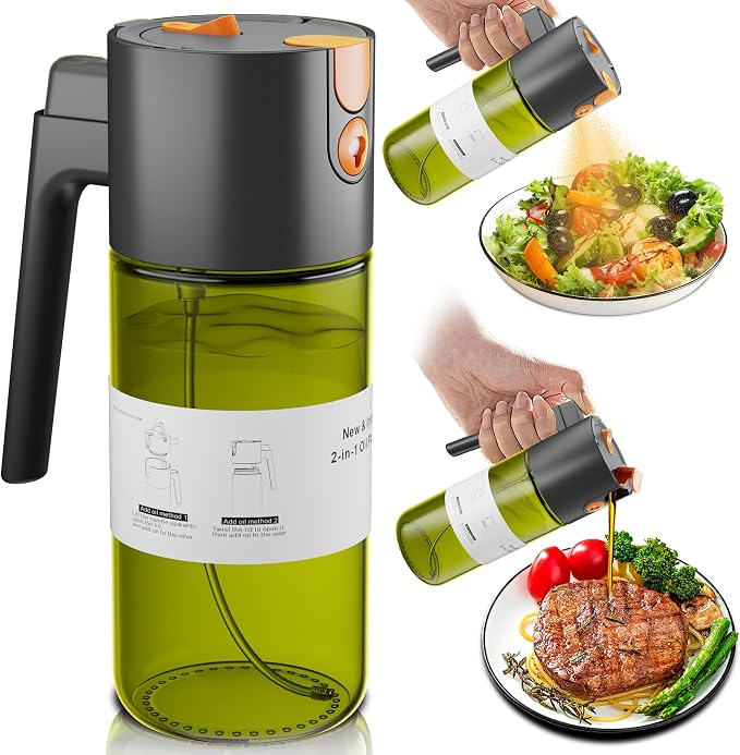 LAKUMIQI 2 in 1 Oil Sprayer & Dispenser, 17 oz Light-Blocking Glass Bottle | Large Capacity, Wide-Mouth for Easy Pouring and Cleaning, Leak-Proof Oil Bottle with Stickers for Salads, Air Fryers, BBQ