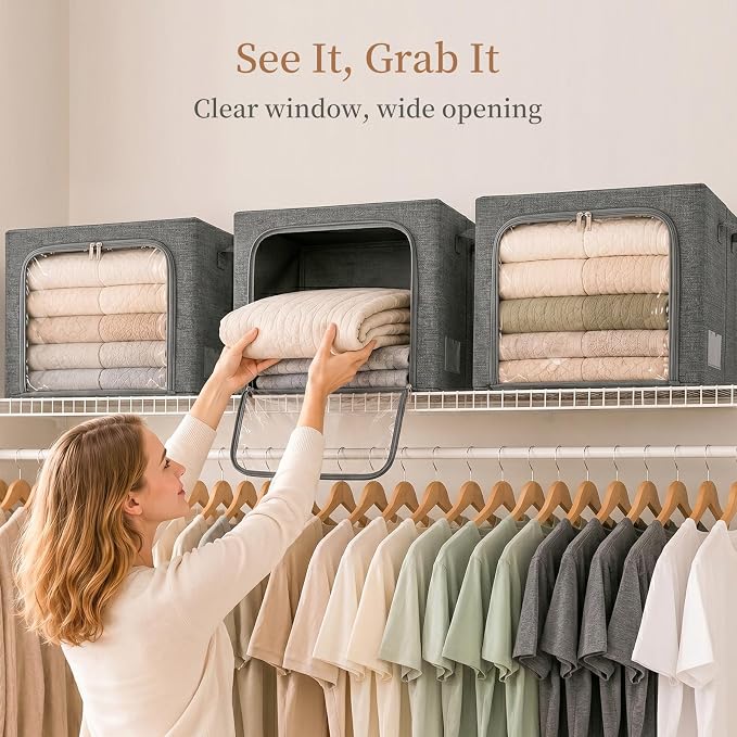 GoMaihe 3 Opening Clothes Storage Bins with Metal Frame, 66L Blanket Storage Organizer for Walk-in Closet Large Storage Boxes with Clear Window for Bedding Winter Clothing 3-Pack Grey
