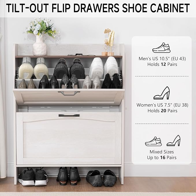 40” Narrow Shoes Storage Cabinet, Farmhouse Entryway Storage with 2 Drawers | Farmhouse Slim Shoe Cabinet for Entryway,Farmhouse Shoe Organizer with Removable Shelves,Hallway Anti-tip,Warm White Grayish