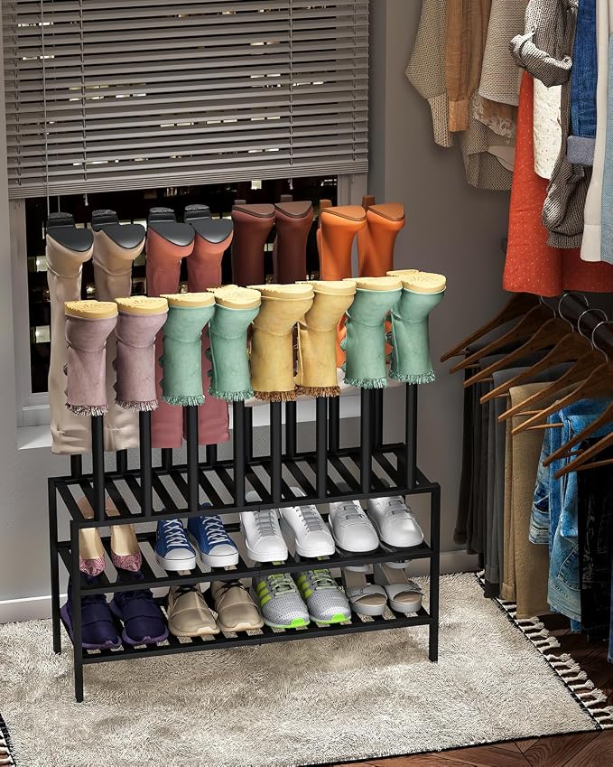 viewcare Black Boot Rack, Long Boot Rack Organizer Tall Boots with Shoe Rack for Closet, Bamboo Wood Shoe Shelf Storage Organizer for Entryway Small Space