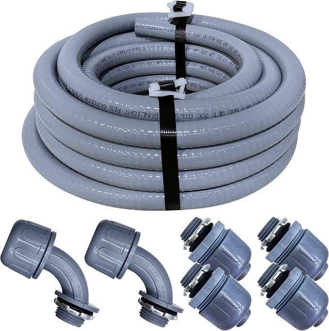 Sealproof 1-1/4 Inch Non-metallic Liquid-Tight Conduit and Connector Kit, 25 Foot Made in USA Flexible Electrical Conduit Type B with 4 Straight and 2 90-Degree Conduit Connector Fittings, 1.25" Dia