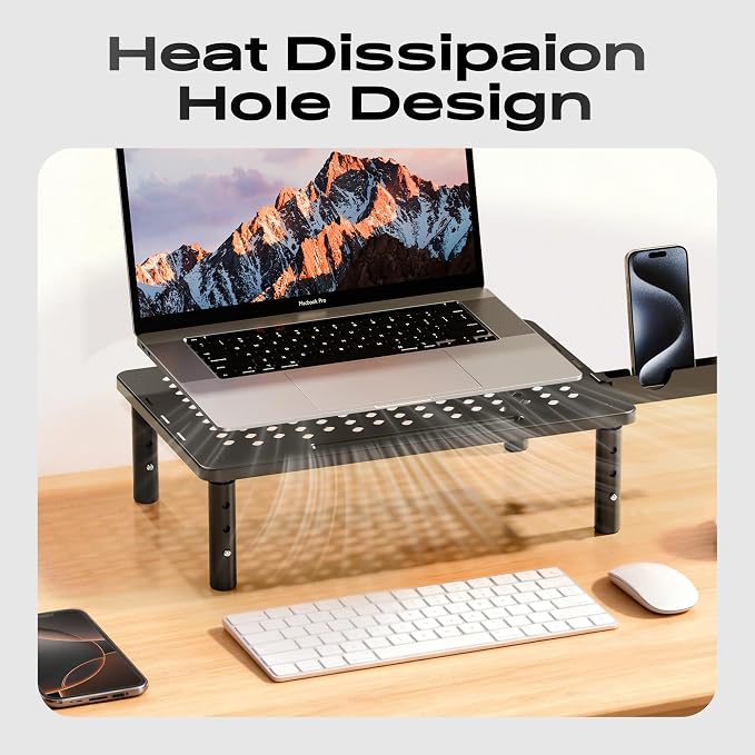 Computer Monitor Stand Riser for Desk, 3 Height Adjustable PC Laptop TV Desktop Monitor Stand Shelf, Metal Printer Table with Phone Holder, Stand Riser for Desk, Office Desk Organizers and Accessories, 1 Pack