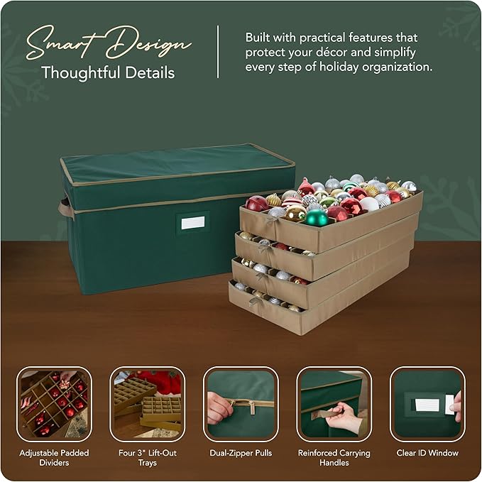 Covermates Keepsakes Adjustable Ornament Storage Box – Heavy-Duty Polyester, Padded Dividers & FlexGrid Trays – Protective Holiday Organizer with Stackable Walls & Label Window, Green