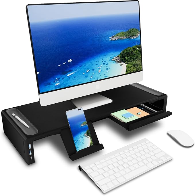 OImaster Adjustable Monitor Stand Riser with Drawer - Foldable Computer Stand for Desk, Desktop Organizer with Phone Holder & Pen Slot, Space Saving Laptop Riser for Home Office, Black