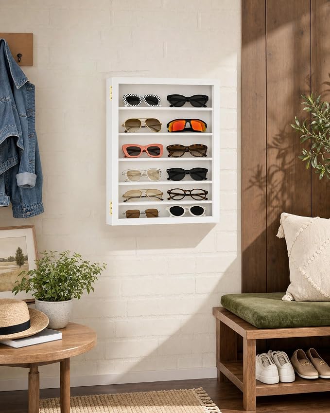 TJ.MOREE Sunglass Organizer Wall Mounted Glasses Holder Display Case 6 Tier | 13 x 15.6 inches Wooden Storage Box for Multiple Pairs Eyeglasses Sports Sunglasses