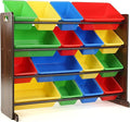 Humble Crew Toy Storage Organizer with 16 Removable Storage Bins for Kids Playroom, 4-Tier Toddler Toy Organization and Storage, Walnut/Primary