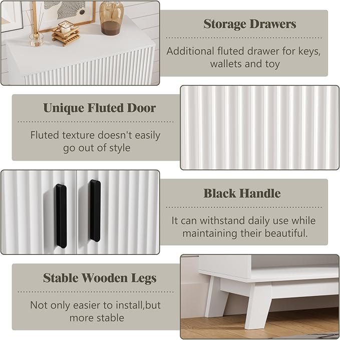 Shoe Cabinet Storage for Entryway, 4 Tier Fluted Shoe Storage Cabinet with 2 Drawers, Narrow Hidden Shoe Organizer with Adjustable Shelves, Freestanding Shoe Rack for Entryway, Hallway, White