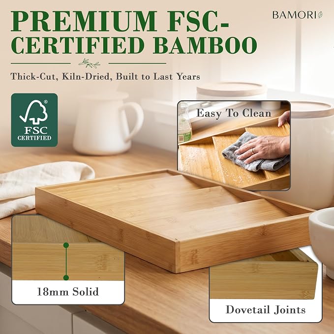 Bamboo Spice Drawer Organizer – Expandable Spice Rack for Drawer – 4 Tiered Premium Bamboo Kitchen Seasoning Organizer for Drawer Spice Organizer, Seasoning rack insert for Cabinet