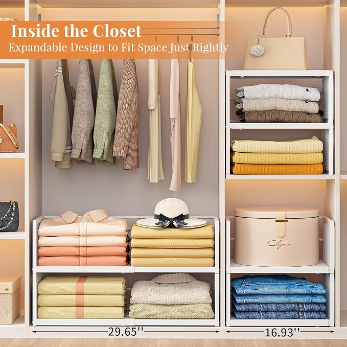Expandable Closet Organizers and Storage, 2 Pack Stackable Closet Shelves, Metal Clothes Sweater Shelf Organizer for Closet, Multifunctional Storage Basket for Office Bathroom Bedroom Dressing, White