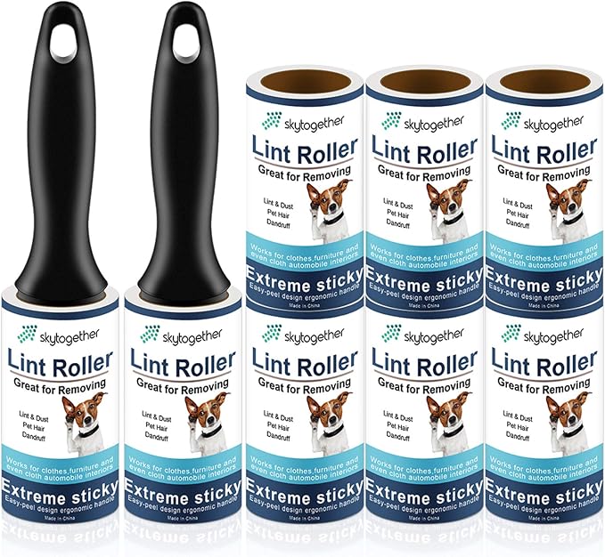 Lint Rollers for Pet Hair, 512 Sheets, 8 Refills + 2 Handles | Extra sticky removes dog cat fur, dust, fuzz, lint from clothes, couch, furniture & car seats. Travel size, easy tear sheets