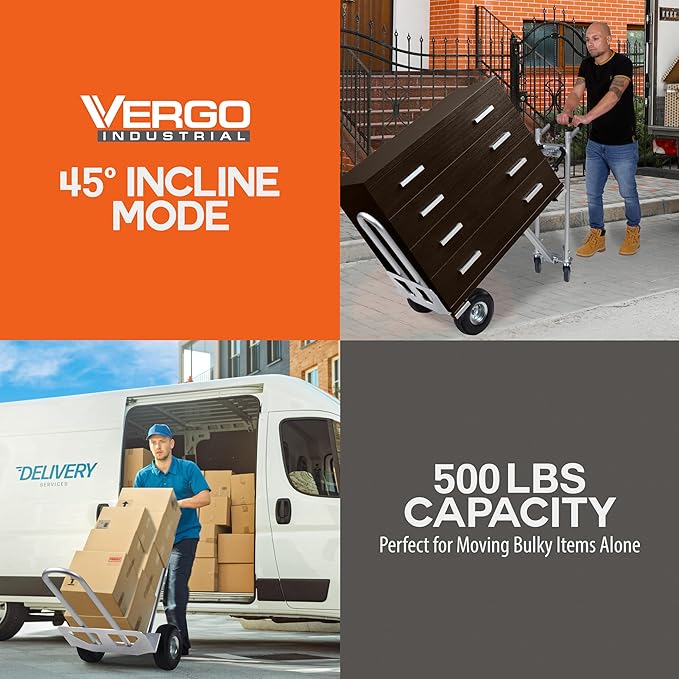 Vergo Industrial Convertible Hand Truck - AS7A2 Heavy Duty Aluminum 3 in 1 Dolly (750 lb Capacity) Lightweight Frame, Ergonomic Handle, Extendable Loop, Versatile Moving Cart (3 Positions, 53" High)