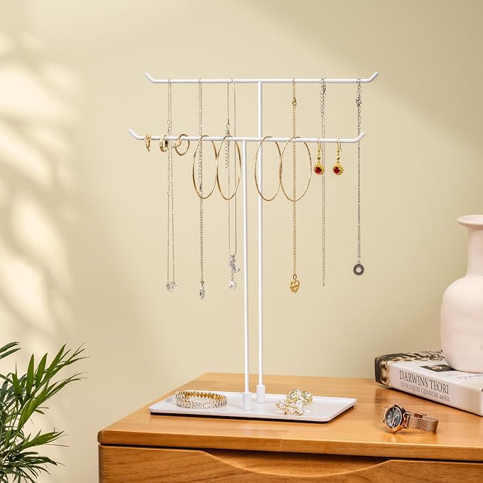 bussdis Necklace Holder Stand,Metal Jewelry Organizer for Home Decor,White | Modern Design,Easy Assembly,Non-Slip EVA Pads,Gift for Woman,Necklace Display for Bedroom,Vanity and Dresser
