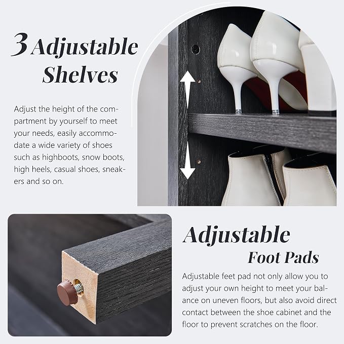 IFGET 71" Tall Arched Shoe Storage Cabinet, 8 Tiers 16 Pairs Wooden Shoe Rack with 3 Adjustable Shelves, Freestanding Shoe Closet Shelf Organizer for Entryway, Hallway, Living Room (Dark Grey)