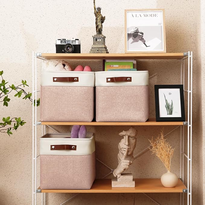 Patvingot Fabric Storage Cubes 11", 4 Pack, with PU Pull Handles,Foldable | For accessories on cube shelves or in closets; reinforced opening, pull-out access, folds flat when empty,white and pink