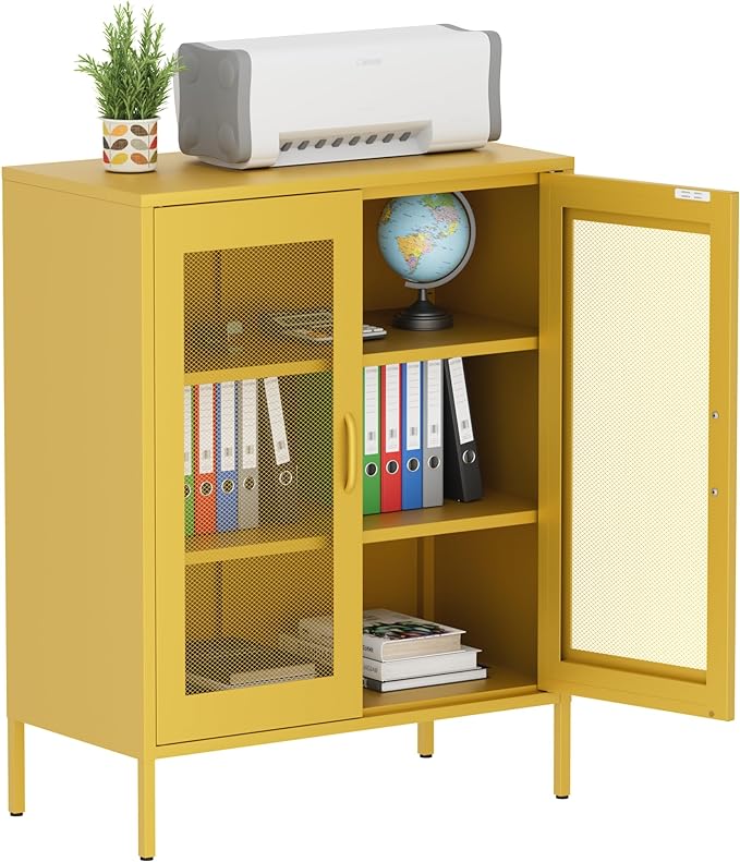 Washsemba Metal Storage Cabinet with Mesh Doors,Steel Display Cabinet with Adjustable Shelves,Metal Office Storage Locker for Home Office,Garage(Yellow, 40''H)