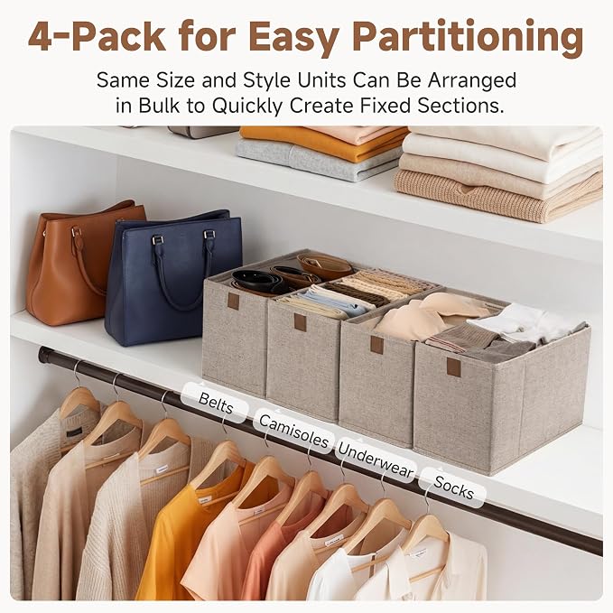 StorageWorks Narrow Storage Basket, Narrow Baskets for Shelves, Fabric Storage Bins with PU Handle, Perfect for Clothes, Underwear, Books, Socks, Brown and Beige, 4-Pack