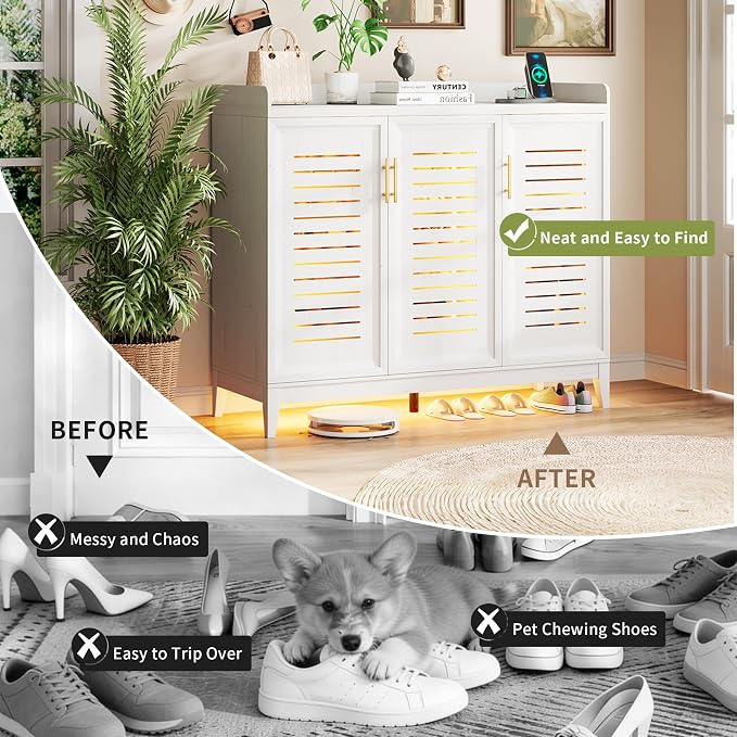Vlsrka Shoe Storage Cabinet with Shutter Doors and Adjustable Shelves | 6 Tier Wooden Shoe Organizer, Large Capacity, Human Sensor Lighting, 180° Rotating, for Entryway, Hallway, Living Room, White