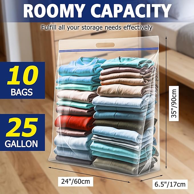 Jumbo Heavy Duty Plastic Storage Extra Large Bags, 25 Gallon 3.5 Mil Thick Clear Zipper Bags with Handles for Home, Travel and Moving 35" x 24", 10 packs