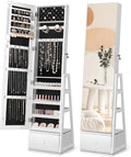 Nicetree 360° Swivel Jewelry Cabinet, Rotatable Full Length Mirror with Jewelry Storage, Standing Jewelry Armoire Organizer, Lockable Jewelry Organizer with 3 Rear Shelves, Bottom Drawer, Pure White