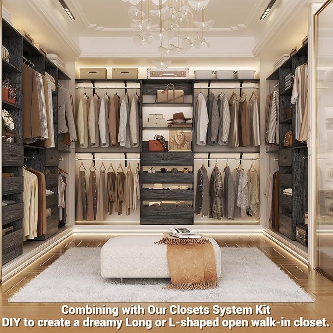 Aheaplus Closet System with Drawers Set of 2, Wood Closet Organizer System with 8 Hanging Rods & Top Shelves, Walk-in Closets Organizer Wardrobe Clothes Rack, Cut Fits Spaces 4-9FT. Wide, Black Oak