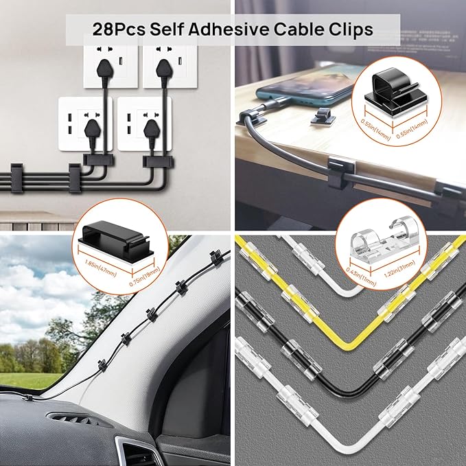 Cable Management Kit - 4 Cable Sleeve, 28 Self Adhesive Cable Clips, 29 Cord Holders, 10+2 Roll Cable Organizer Straps and 100 Fastening Cable Ties for TV Computer Under Desk (Black)