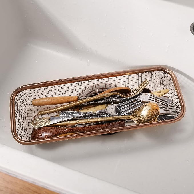 2Pack Stainless Steel Tumbler Cup Lid Organizer Inside Cabinet, Mason Jar Lid H, Rectangular Basket for Storage of Silverware, Chopsticks, straws and Utensils, Rosegold
