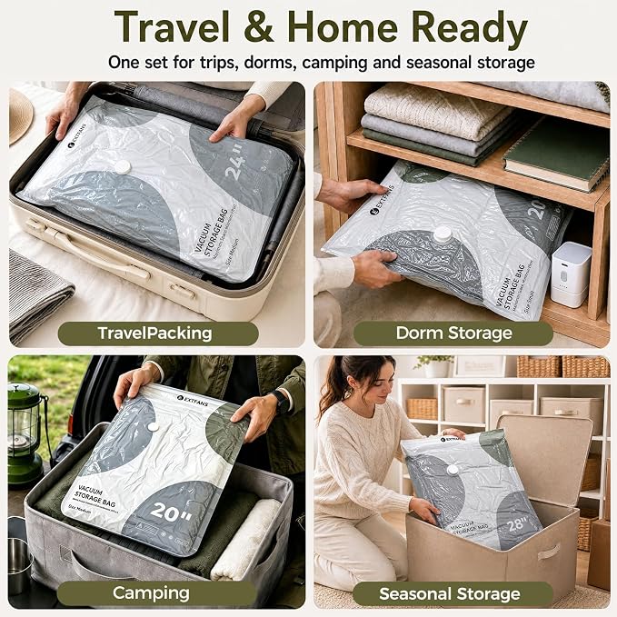 Travel Vacuum Bags with Electric Pump: 15 Pack XS/S/M/L Vacuum Seal Bags for Clothes, up to 80% Space Saver Compression Packing Bags for Suitcase, Carry-On, Cruise, Dorm & Seasonal Storage