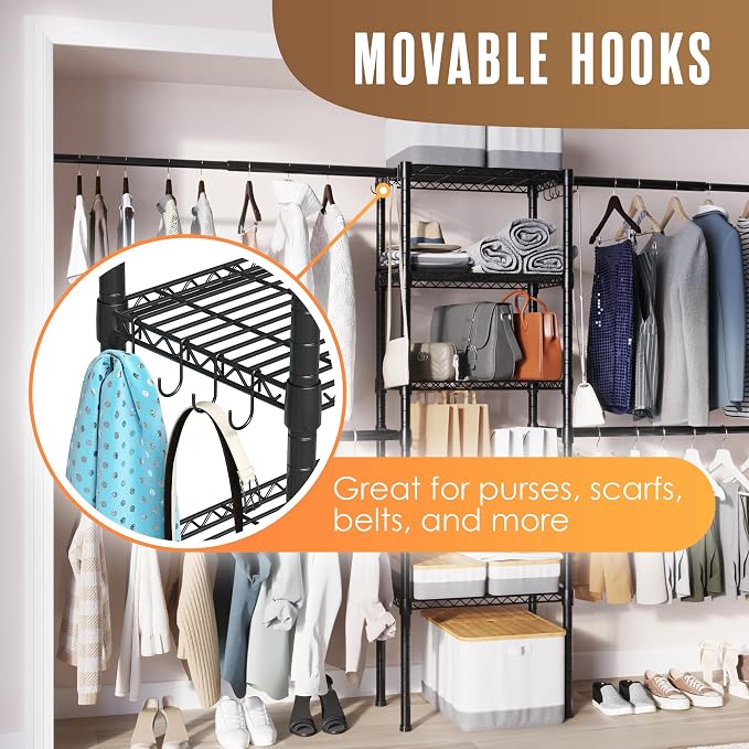 Wall Mounted Closet Organizer, Industrial Pipe Clothing Rack 83" x 50" | Houseables Garment Hanging Storage System Heavy Duty Open Wardrobe For Bedroom Boutique Retail Display 2 Rods, 2 Wood Shelves