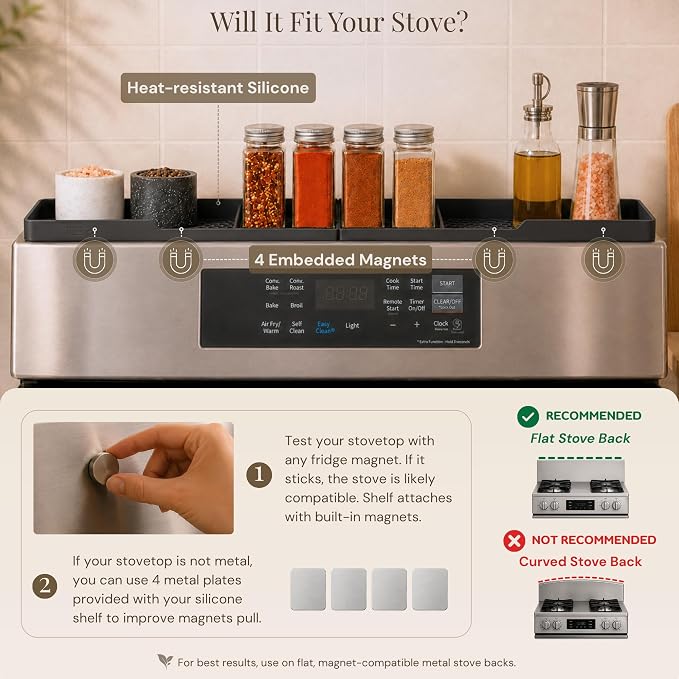 TEO Silicone Magnetic Stove Top Shelf, Over the Stove Spice Rack, Black | 30 Inch, Over Oven Shelf, Built-in Magnets, Heat-Resistant, Dishwasher Safe, Kitchen Spice Storage Organizer