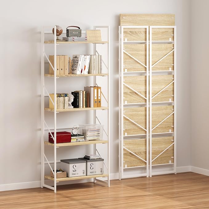 JSB No Assembly Folding Bookshelf, 5 Tier Industrial Metal Book Shelf for Storage, Vintage Wood Foldable Bookcase for Living Room, Bedroom, Office Organization Shelves