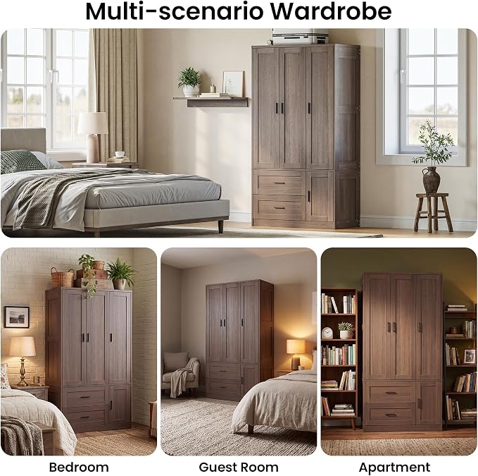 ANCTOR 70.6 Inch Armoire Wardrobe Closet with Drawers (Dark Walnut) | Freestanding engineered wood armoire with a hanging rod, adjustable shelves and concealed storage for bedroom organization