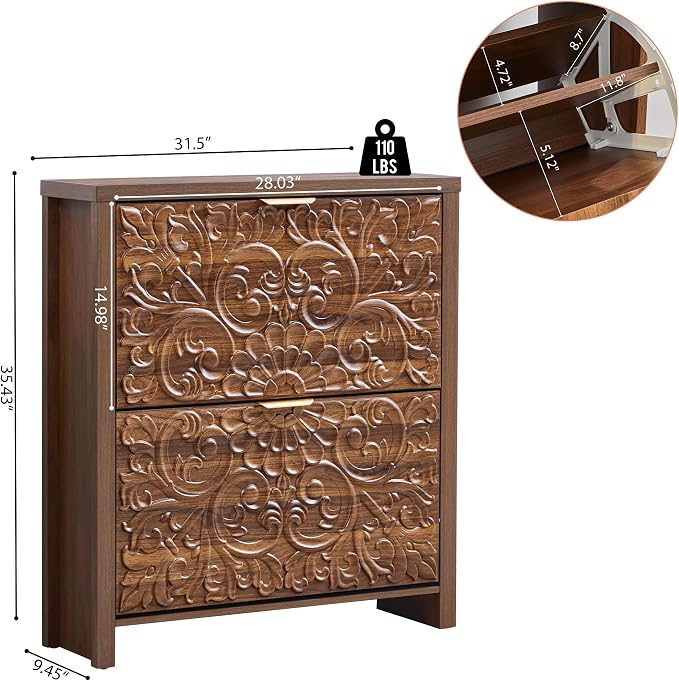 weselon Shoe Cabinet with Flip Drawers, Narrow Shoe Storage Cabinet, 2-Tier Hidden Shoe Organizer with Carved Floral for Entryway, Mid-Century Modern Slim Shoes Storage for Hallway Foyer (1, Walnut)