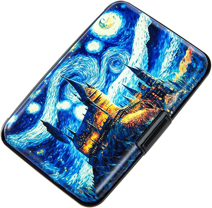 Credit Card Holder, Metal Card Wallet RFID Blocking Mini Slim Aluminum Business Hard Card Case for Women Men (Starry Night Castle)
