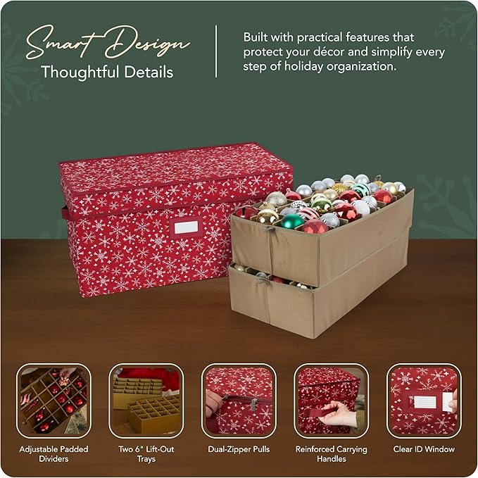 Covermates Keepsakes Adjustable Ornament Storage Box – Heavy-Duty Polyester, Padded Dividers & FlexGrid Trays – Protective Holiday Organizer with Stackable Walls & Label Window, Red Snowflake
