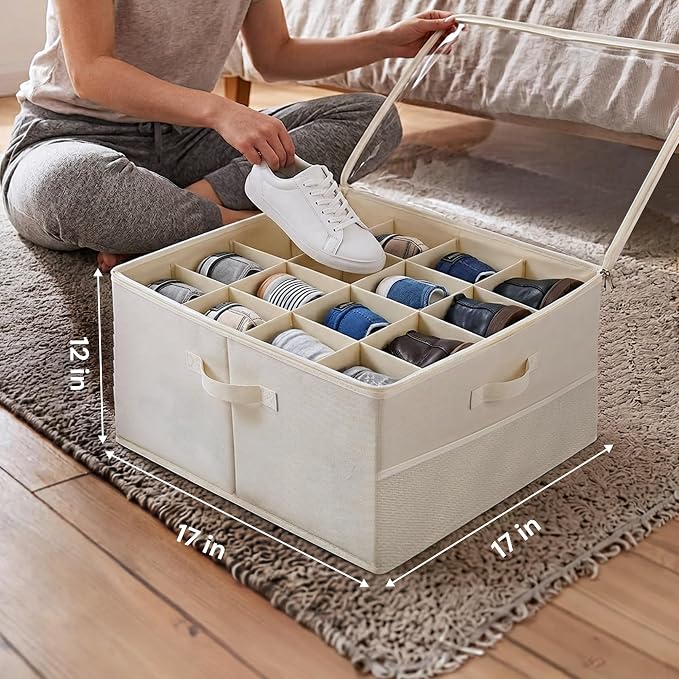 Shoe Organizer for Closet, 16 Compartment Foldable Storage Box with Lids | Milentii 2-Pack Foldable Shoe Organizer with Box Bin, Adjustable Dividers & Clear Cover Closet Storage Fit 16-32 Pairs, White