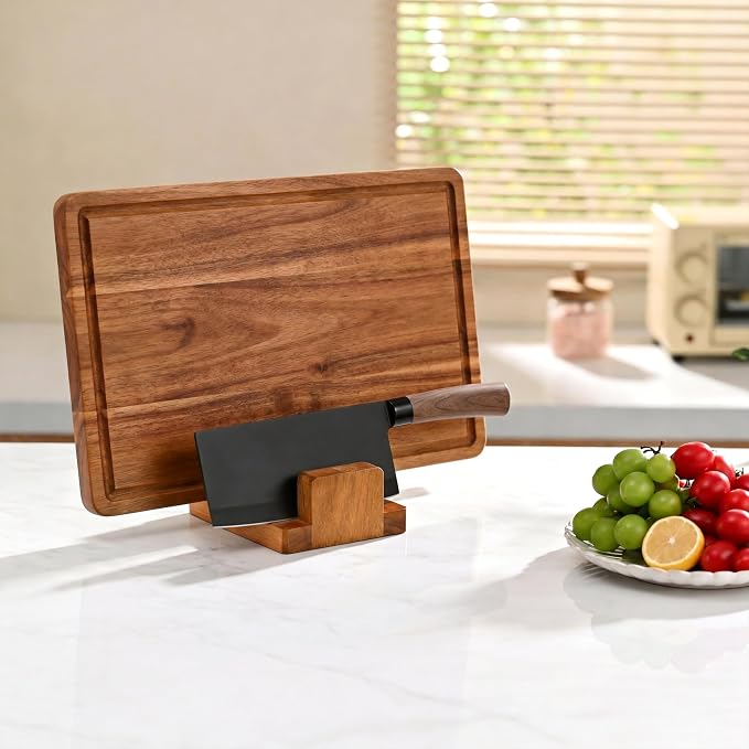 ZUJJAFY Cutting Board Holder, Acacia Wood Cutting Board Organizer for Cabinet, 3 Slot Chopping Board Stand for Countertop