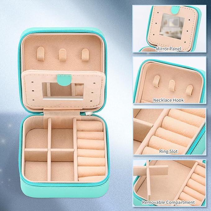 Neveika Jewelry Box with Mirror,Small Jewelry Organizer Box，Travel Jewelry Case for Women，Gift Jewelry Boxes for Female Girls (4pcs mirror blue)