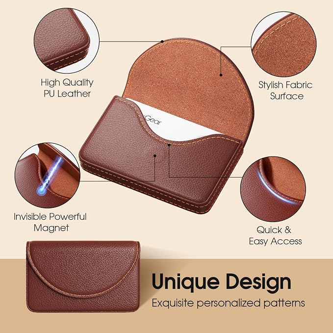 MaxGear Business Card Holder Case, PU Leather Business Card Case, Coffee | Pocket Name Card Holder Wallet for Purse, Portable Business Card Carrier with Magnetic Closure, Slim Stylish Men Women Gift