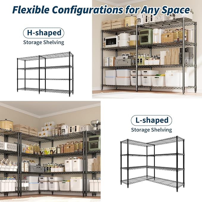 Garvee 70.8" W Storage Shelves Metal Shelving Unit, 4-Tier Heavy Duty Wire Shelving Extra Wide L-Shaped Storage Rack for Apartment Pantry Kitchen Corner Bedroom