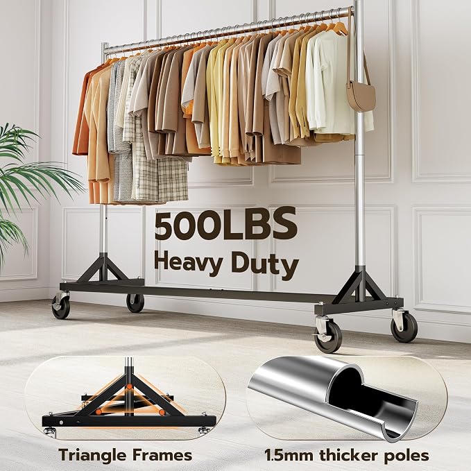 HOKEEPER Z Rack for Clothes Heavy Duty Clothing Rack Hold 500 LBS Commercial Garment Rack with Wheels Rolling Portable Clothes Rack for Bedroom, Laundry Room, Balcony 24" D x 63" W x 71" H, 2 Packs