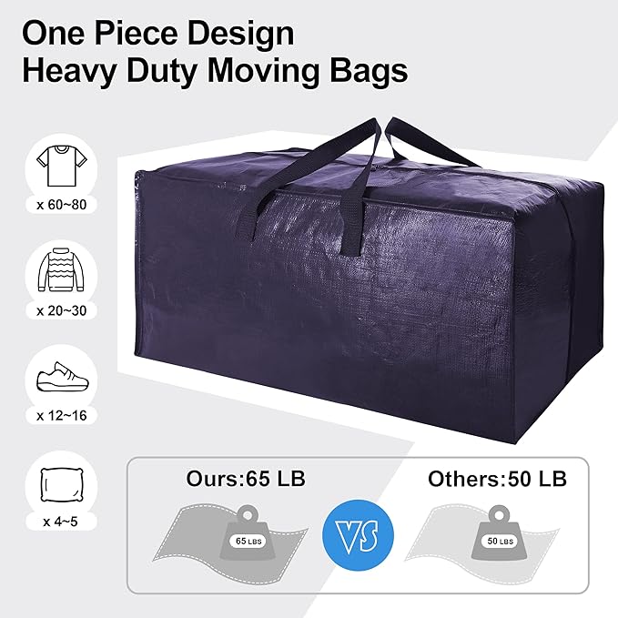 VELVETSURE Heavy Duty Extra Large Moving Bags W/Backpack Straps - Strong Handles & Zippers, Storage Totes For Space Saving, Fold Flat, Alternative to Moving Box and Storage Bin (Set of 6, Blue)