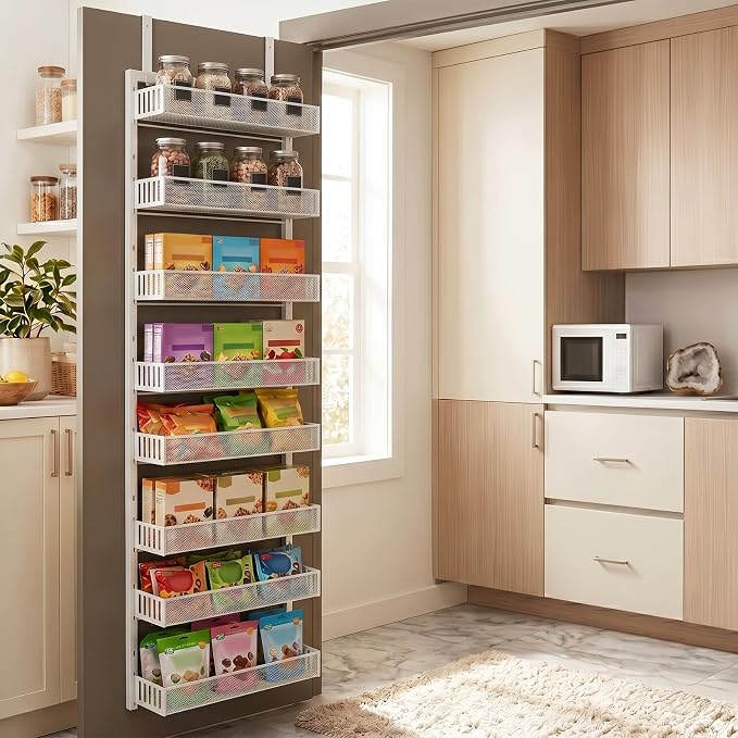 Over the Door Pantry Organizer, 8-Tier Heavy-Duty Door Spice Rack with Mesh Baskets, Height Adjustable & Anti-Swing Design, Pantry Door Organizers and Storage for Kitchen, Bathroom