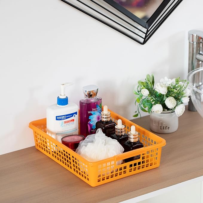 Basicwise 6-pc Assorted Colors Plastic Storage Basket Stackable Organizers for Paper Books Craft Supplies Pantry Items or Classroom Use Multi-Purpose Desk Accessories for Home School Daycare or Office