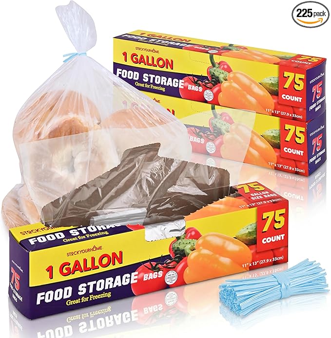 1 Gallon Food Storage Bags with Twist Ties (225 Count) Bulk Freezer Storage Bags Gallon Size for Bread, Vegetables, Fruit, and More, Clear Disposable Twist Tie Storage Bags, Stock Your Home