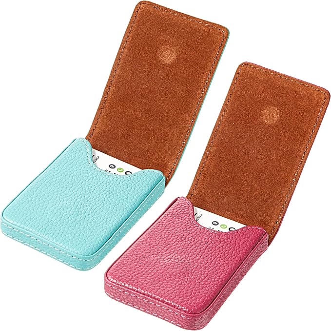 Outus 2 Pcs Business Card Holder, PU Leather Business Card Case Pocket Wallet with Magnetic Shut for Men Women(Pink and Green,Classic)