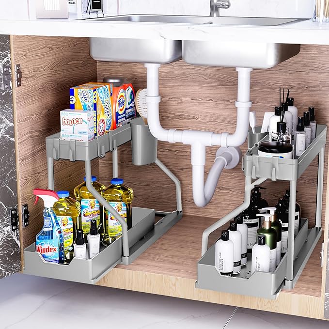 Puricon 2 Pack Under Sink Organizer, 2-Tier L-Shape Sliding Under Sink Organizers and Storage, Under Counter Storage Organizer Pull Out Under Sink Storage for Kitchen Bathroom -Grey